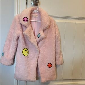 Baby Sara Pink Fuzzy Kids Jacket with Smiley Patches